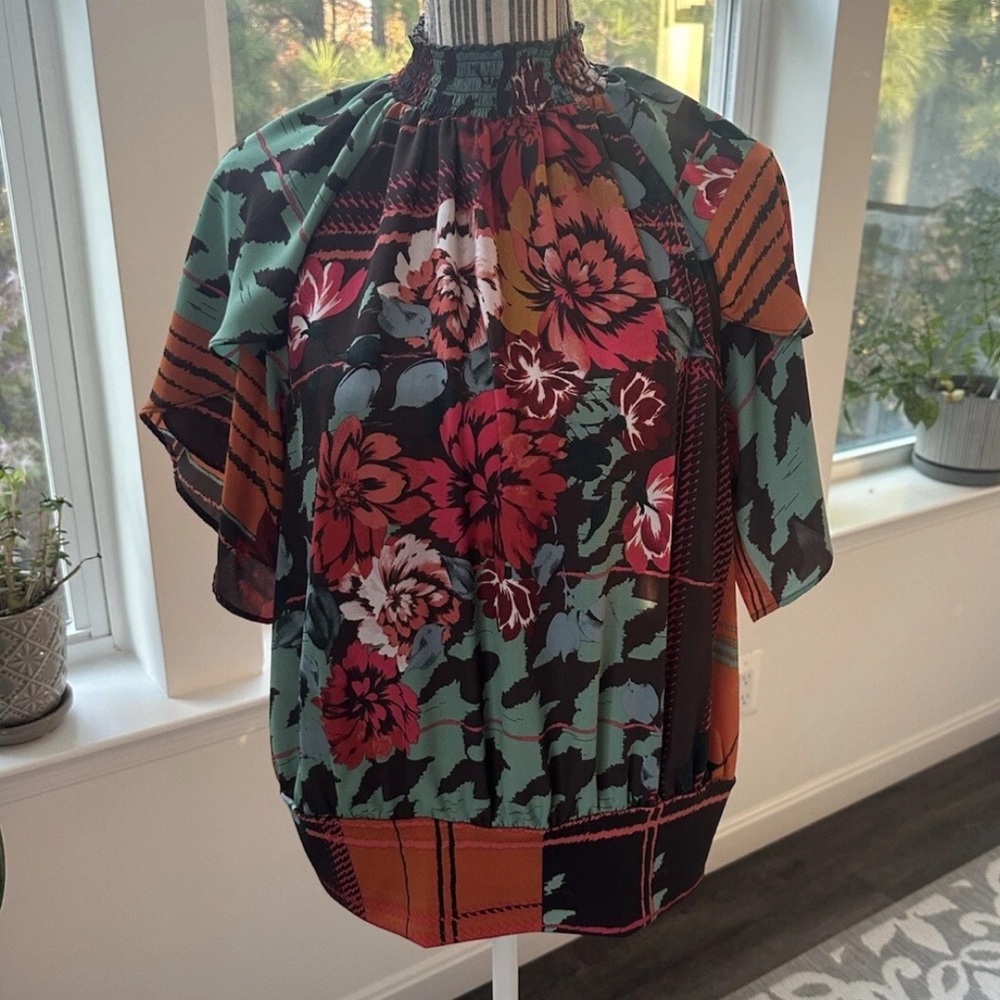 New York & Company Floral Mix Smocked Neck Top - Green, Red, Orange
